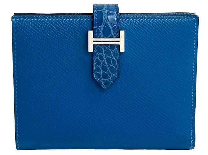 Béarn Hermès Hermes Bearn Kompaktgeldbörse aus Alligatorleder und Kalbsleder Blau - Ansicht 2