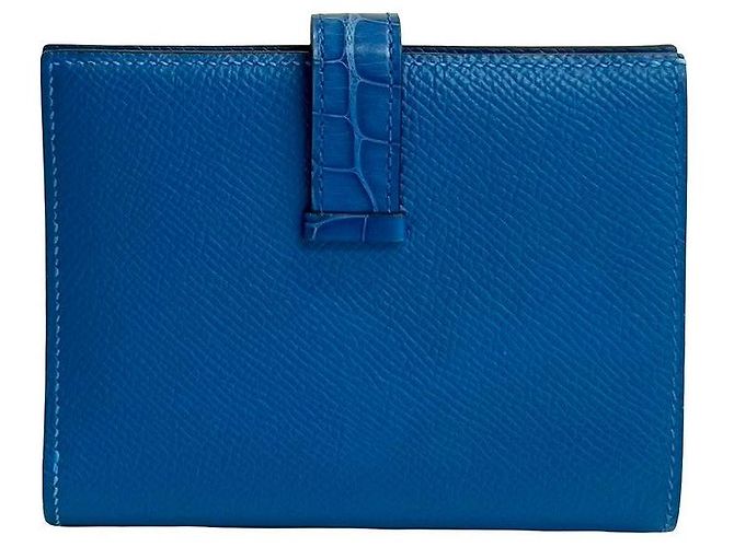 Béarn Hermès Hermes Bearn Kompaktgeldbörse aus Alligatorleder und Kalbsleder Blau - Ansicht 3