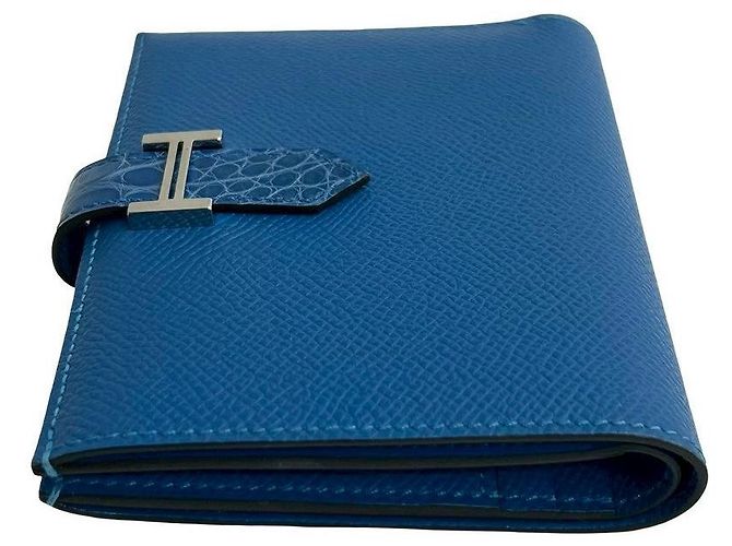 Béarn Hermès Hermes Bearn Kompaktgeldbörse aus Alligatorleder und Kalbsleder Blau - Ansicht 5