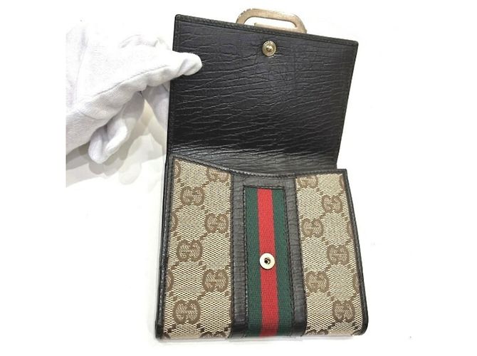 Cartera tríptico para mujer Gucci en piel marrón y lona Castaño - vista 6