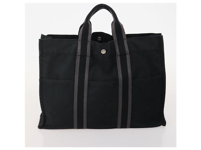 Hermès Borsa Fourre Tout HERMES Cotton 3 Set Black Gray Auth BA12670 Marrone Nero - vista 9