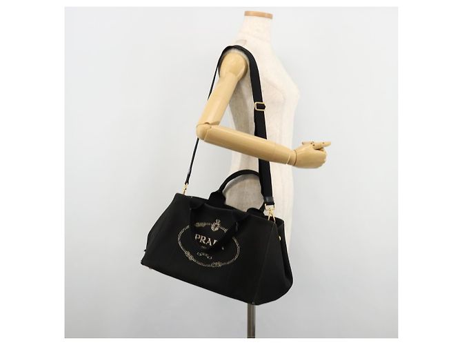 Borsa PRADA Canapa MM in tela 2way Nero Oro Auth 180606 D'oro - vista 26