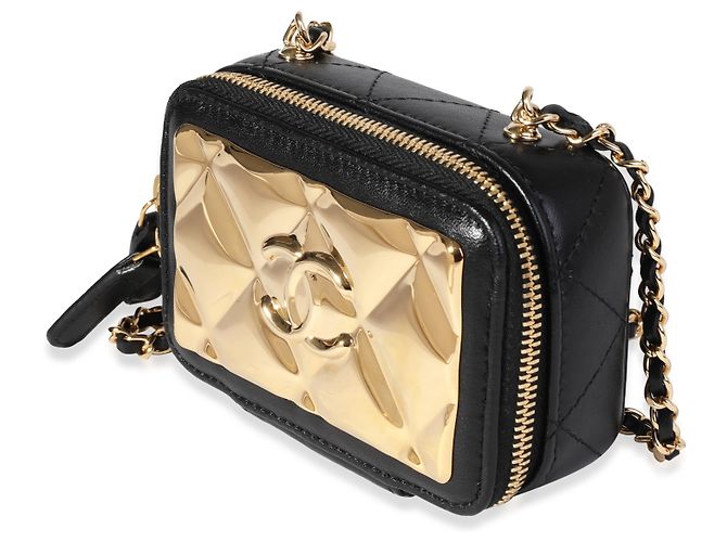 Mini borsa vanity Chanel in metallo trapuntato oro e pelle di agnello nera Nero - vista 3
