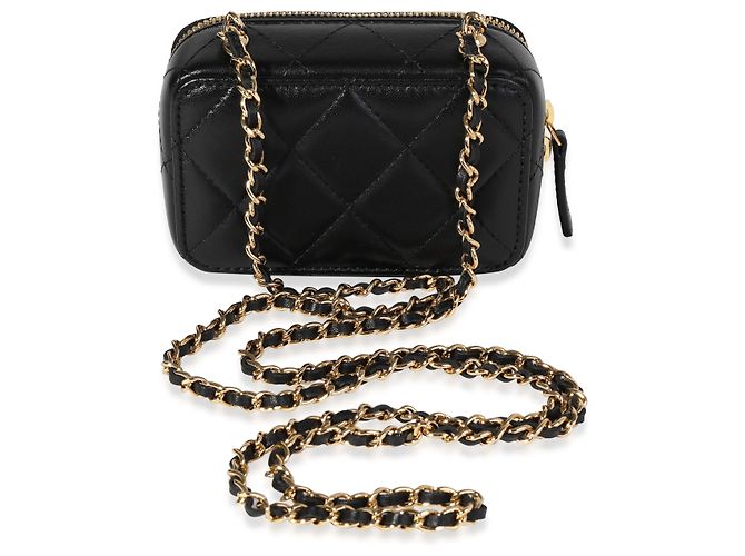 Mini borsa vanity Chanel in metallo trapuntato oro e pelle di agnello nera Nero - vista 4