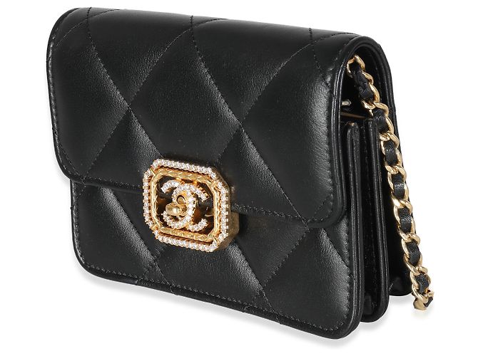 Timeless Mini borsa flap Chanel in pelle di vitello trapuntata nera e strass Nero - vista 3