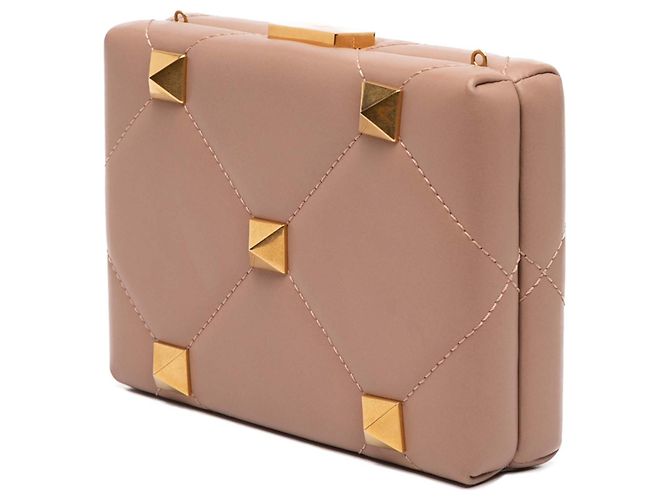 Clutch Valentino Roman Stud in pelle di vitello marrone con tracolla Carne - vista 2