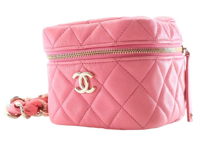 Vanity Chanel Wristlet Case aus rosa gestepptem Lammleder mit Würfelkette Pink - Ansicht 2
