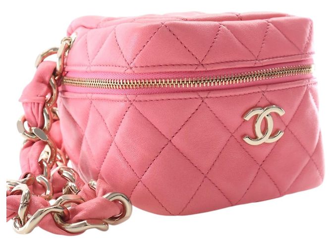 Vanity Chanel Wristlet Case aus rosa gestepptem Lammleder mit Würfelkette Pink - Ansicht 6