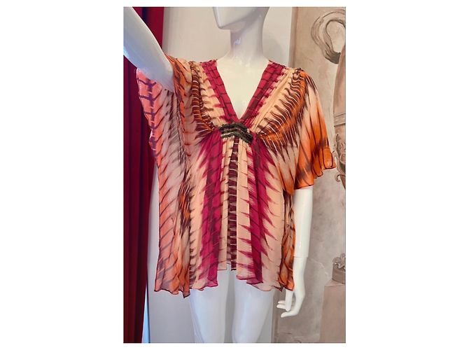 Blusa de seda estampada Antik Batik Castaño Rosa Naranja Crudo - vista 2