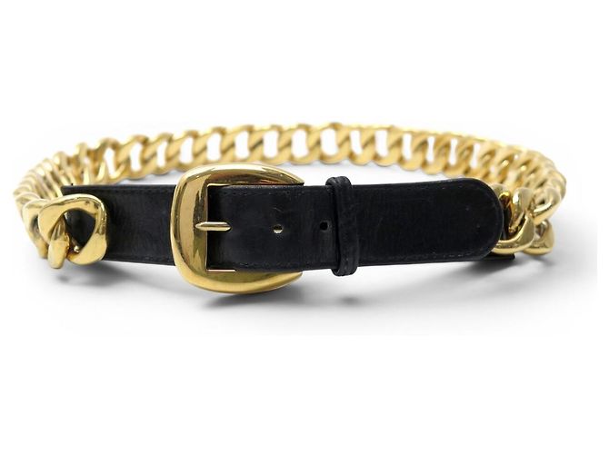VINTAGE CHANEL SCHWARTER LEDERGÜRTEL MIT GOLDENEN METALLKETTE 75CM Schwarz - Ansicht 2