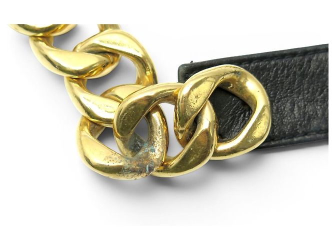 VINTAGE CHANEL SCHWARTER LEDERGÜRTEL MIT GOLDENEN METALLKETTE 75CM Schwarz - Ansicht 6