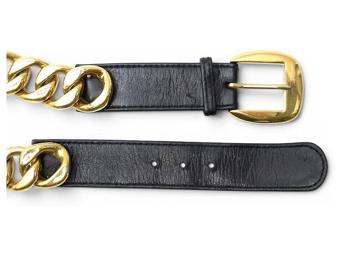 VINTAGE CHANEL SCHWARTER LEDERGÜRTEL MIT GOLDENEN METALLKETTE 75CM Schwarz - Ansicht 7