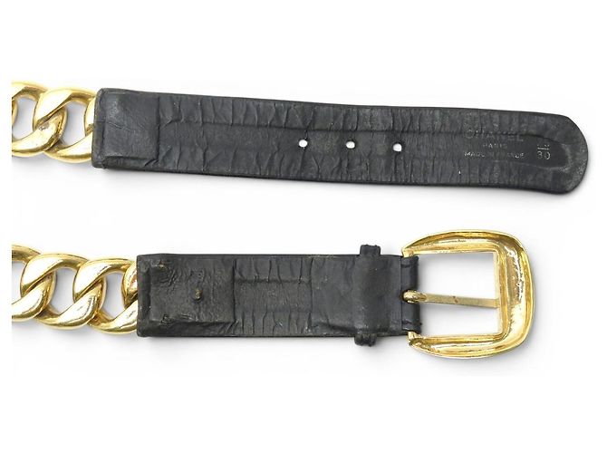 VINTAGE CHANEL SCHWARTER LEDERGÜRTEL MIT GOLDENEN METALLKETTE 75CM Schwarz - Ansicht 8