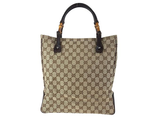 Borsa Tote Gucci Bamboo GG Canvas Marrone Beige - vista 2