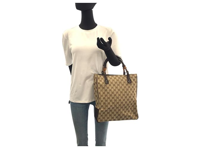 Borsa Tote Gucci Bamboo GG Canvas Marrone Beige - vista 5