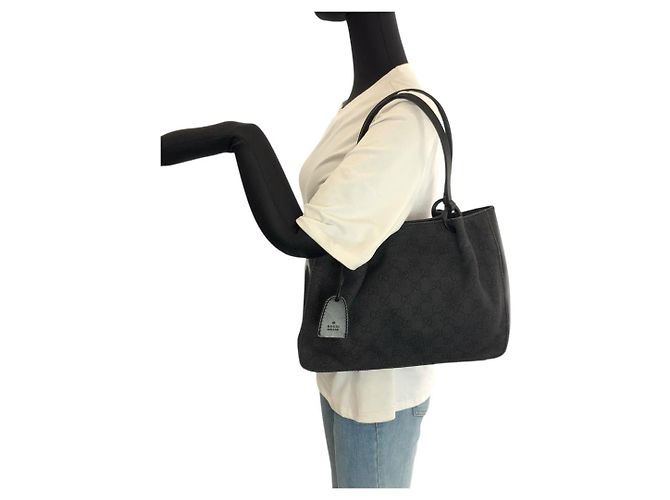 Borsa tote Gucci in tela GG nera e pelle Nero - vista 7