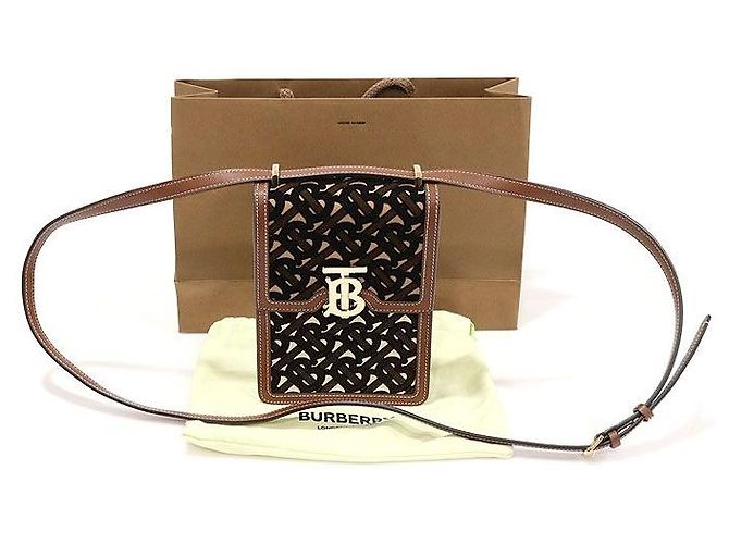 Burberry Mini borsa a tracolla Robin in pelle di vitello marrone monogramma TB in velluto - vista 2