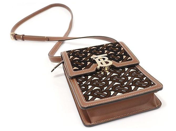 Burberry Mini borsa a tracolla Robin in pelle di vitello marrone monogramma TB in velluto - vista 5