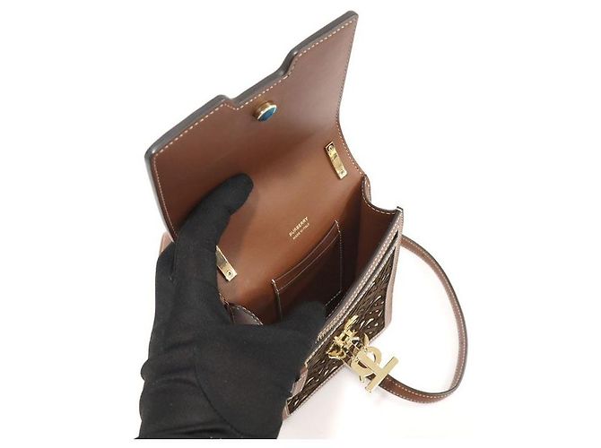 Burberry Mini borsa a tracolla Robin in pelle di vitello marrone monogramma TB in velluto - vista 6