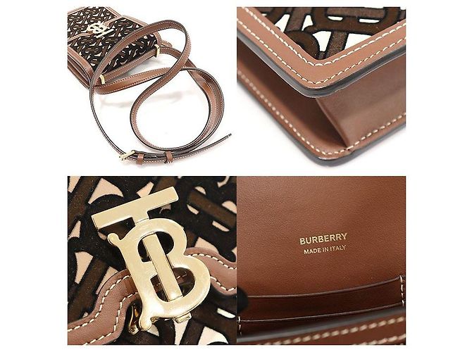 Burberry Mini borsa a tracolla Robin in pelle di vitello marrone monogramma TB in velluto - vista 7