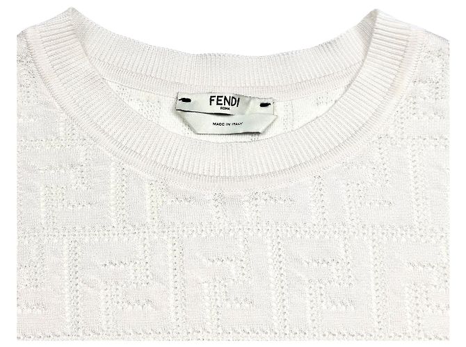Fendi Kurzärmeliges Textur-Strickoberteil mit FF-Jacquard für Damen Weiß - Ansicht 4