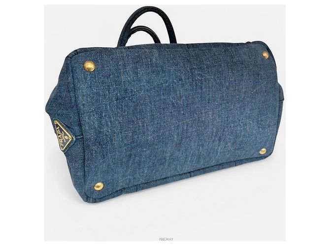 Prada Tote Bag in Denim Canapa Blu - vista 5