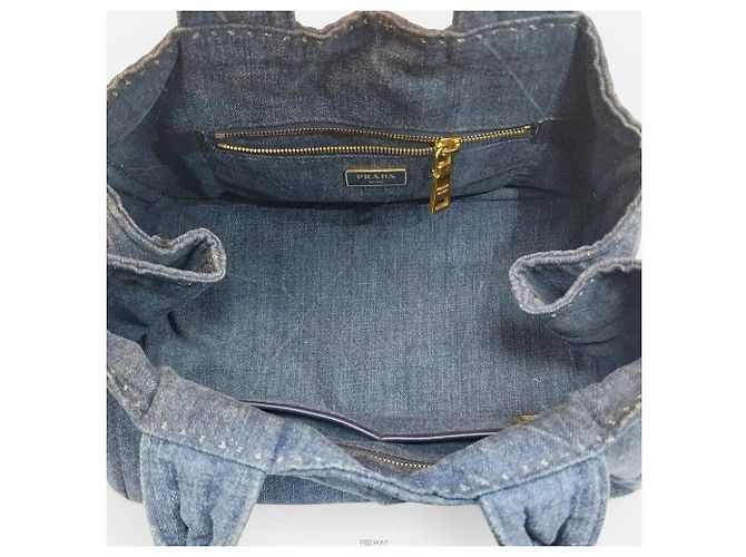 Prada Tote Bag in Denim Canapa Blu - vista 6