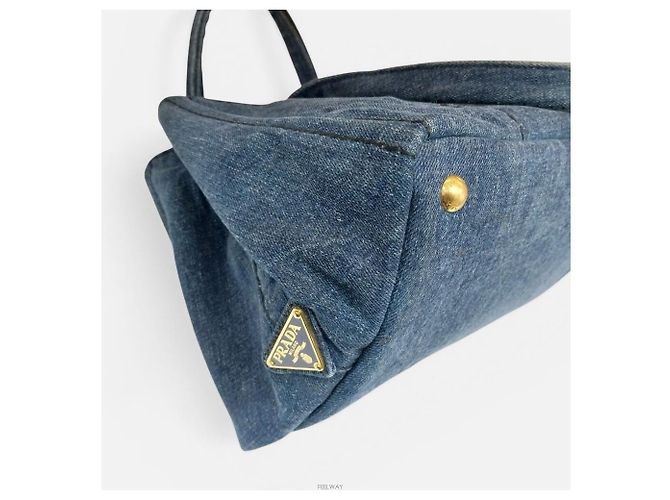 Prada Tote Bag in Denim Canapa Blu - vista 7