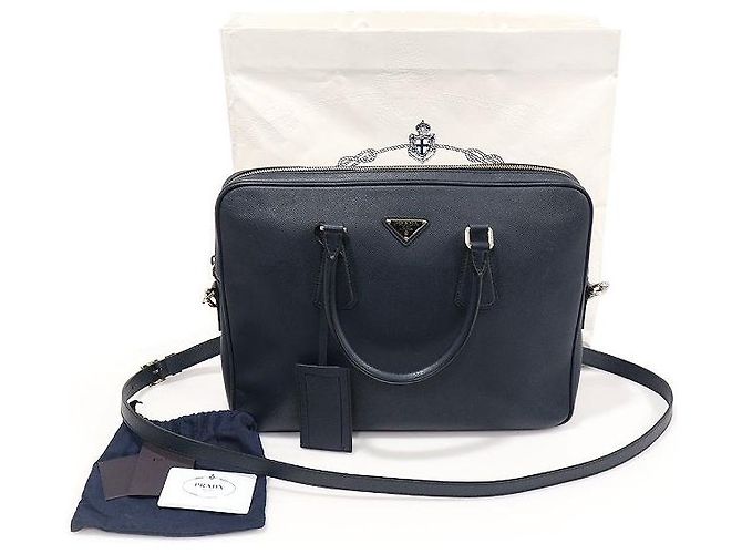 Prada Navy Saffiano Leather Workbag Briefcase Blue - view 2