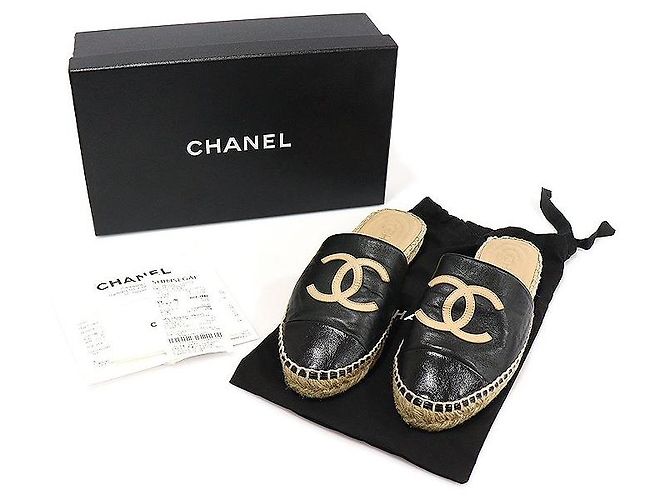 Chanel Mule espadrille da donna in agnello e vitello lucido bicolore nero e beige Marrone - vista 3