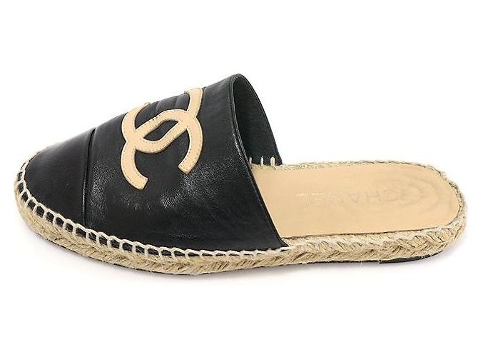 Chanel Mule espadrille da donna in agnello e vitello lucido bicolore nero e beige Marrone - vista 5