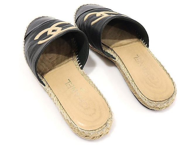 Chanel Mule espadrille da donna in agnello e vitello lucido bicolore nero e beige Marrone - vista 6