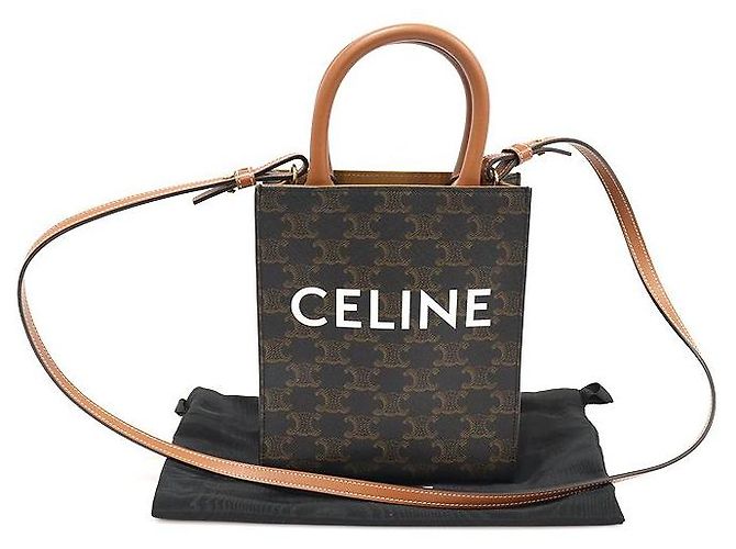 Céline Cabas Mini Vertical Triope Canvas Tan Calfskin Marrom - vista 2
