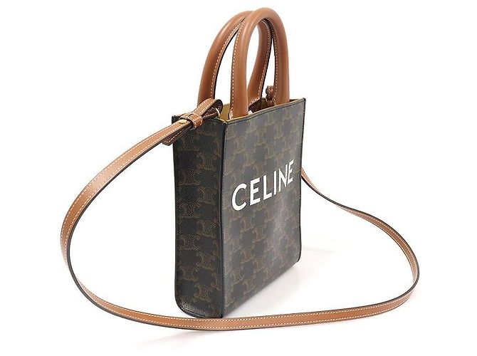 Céline Cabas Mini Vertical Triope Canvas Tan Calfskin Marrom - vista 3