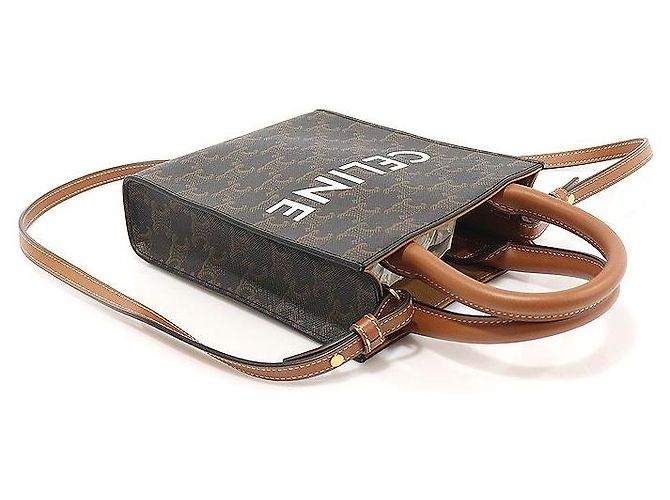 Céline Cabas Mini Vertical Triope Canvas Tan Calfskin Marrom - vista 4