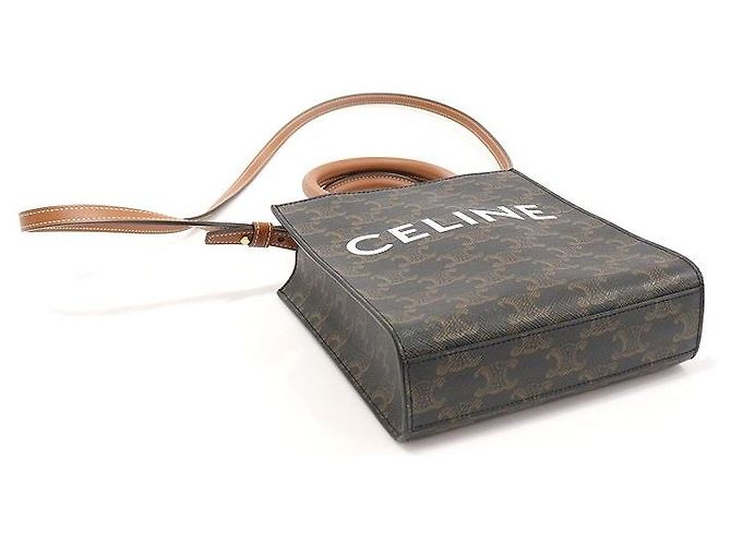 Céline Cabas Mini Vertical Triope Canvas Tan Calfskin Marrom - vista 5
