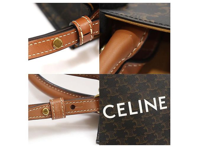 Céline Cabas Mini Vertical Triope Canvas Tan Calfskin Marrom - vista 7