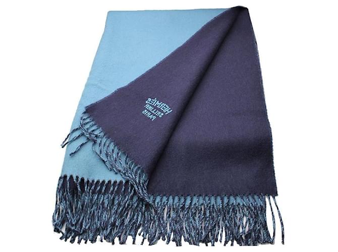 Hermès Stola in cashmere bicolore Blu - vista 2