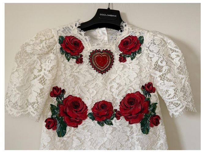 Dolce & Gabbana Robe en dentelle blanche brodée roses Rouge - vue 2