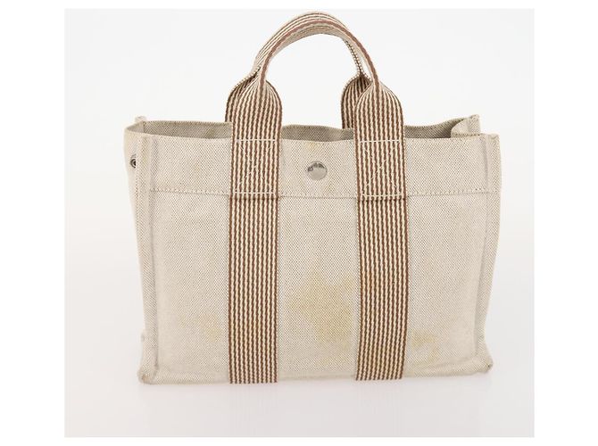Hermès Borsa Fourre Tout HERMES Cotton 3 Set White Gray Red Auth BA12676 Marrone Bianco Rosso - vista 16