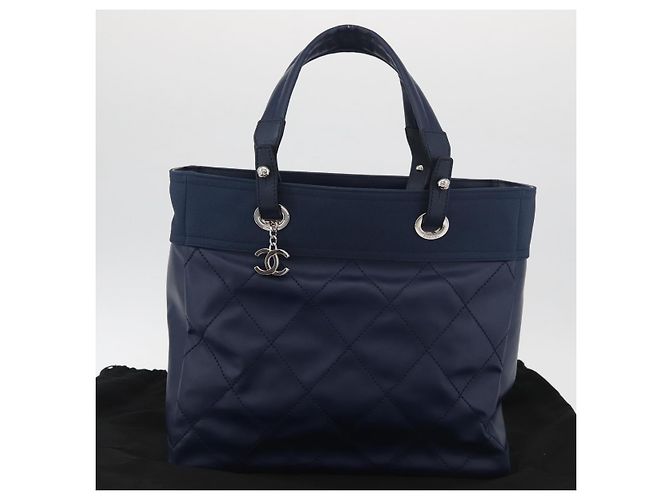 CHANEL Paris Biarritz MM Tote Bag beschichtetes Canvas Navy Silver CC Auth 181519SAV Silber Marineblau - Ansicht 12
