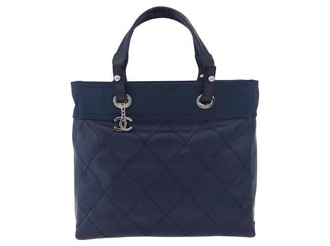 CHANEL Paris Biarritz MM Tote Bag beschichtetes Canvas Navy Silver CC Auth 181519SAV Silber Marineblau - Ansicht 13