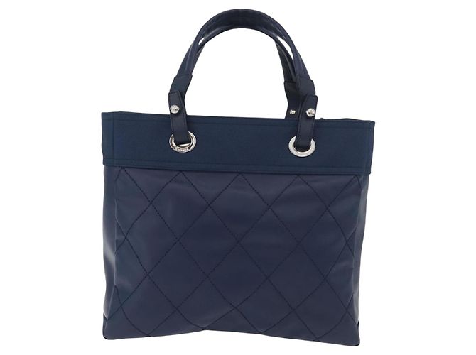 CHANEL Paris Biarritz MM Tote Bag beschichtetes Canvas Navy Silver CC Auth 181519SAV Silber Marineblau - Ansicht 2