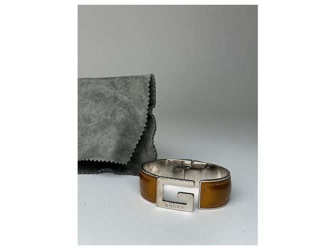 Bracciale in pelle vintage Gucci Y2K Tan Argento Cammello - vista 3
