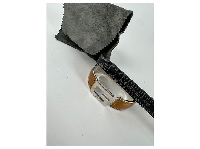 Bracciale in pelle vintage Gucci Y2K Tan Argento Cammello - vista 4