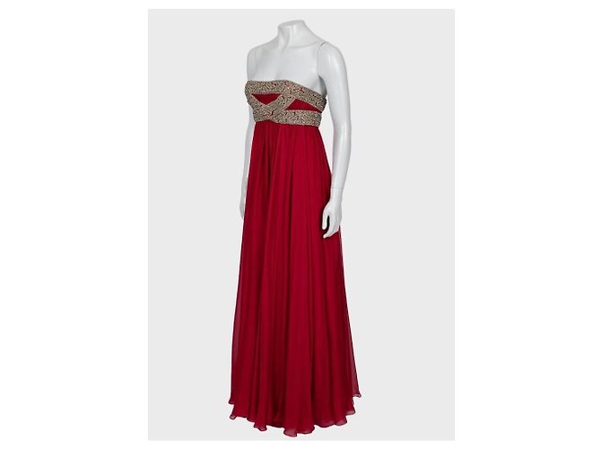 Marchesa Maxikleid aus roter Seide mit Kristallbesatz Größe 6/M gebraucht - Ansicht 2