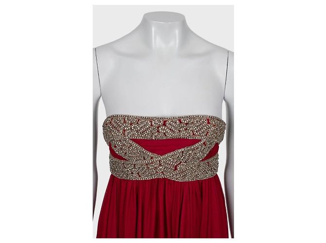 Marchesa Maxikleid aus roter Seide mit Kristallbesatz Größe 6/M gebraucht - Ansicht 4