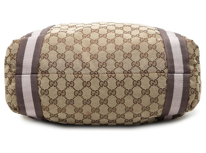 Tote Gucci in tela GG beige con banda Web - vista 3