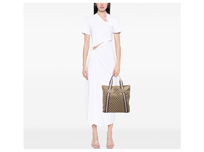 Tote Gucci in tela GG beige con banda Web - vista 7