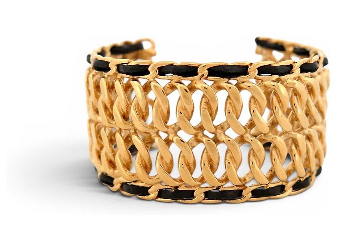 BRACCIALE VINTAGE CHANEL MANCHETTE CHAINE & CUIR ENTRELACE METAL DORE CUFF BANGLE D'oro - vista 2